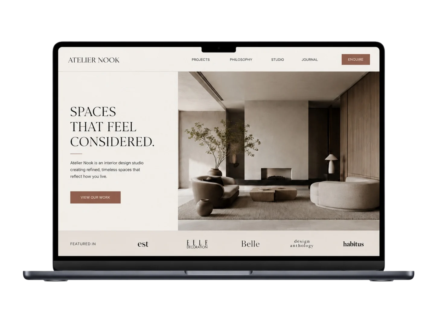 Interior design studio desktop website mockup