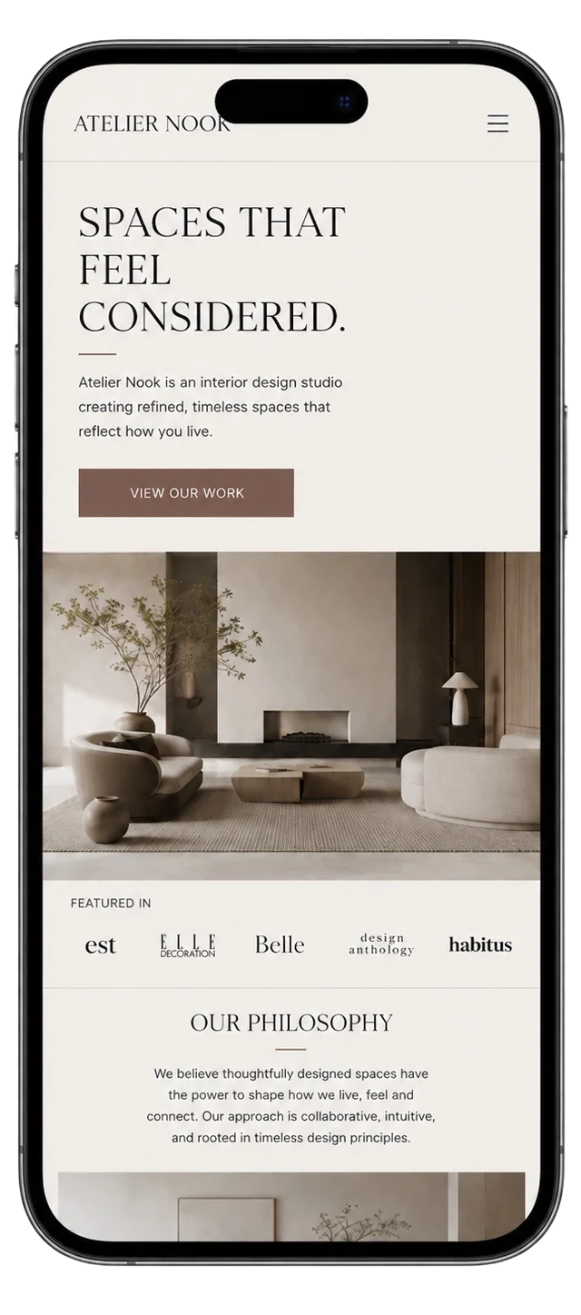 Interior design studio mobile website mockup