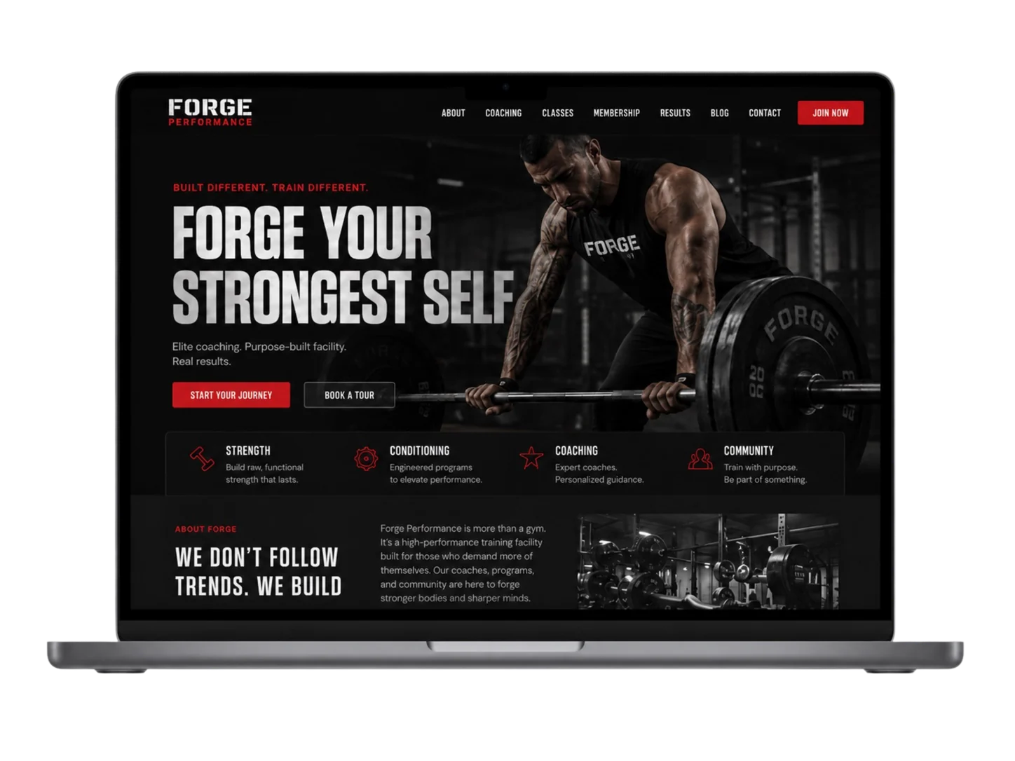 High-energy gym desktop website mockup