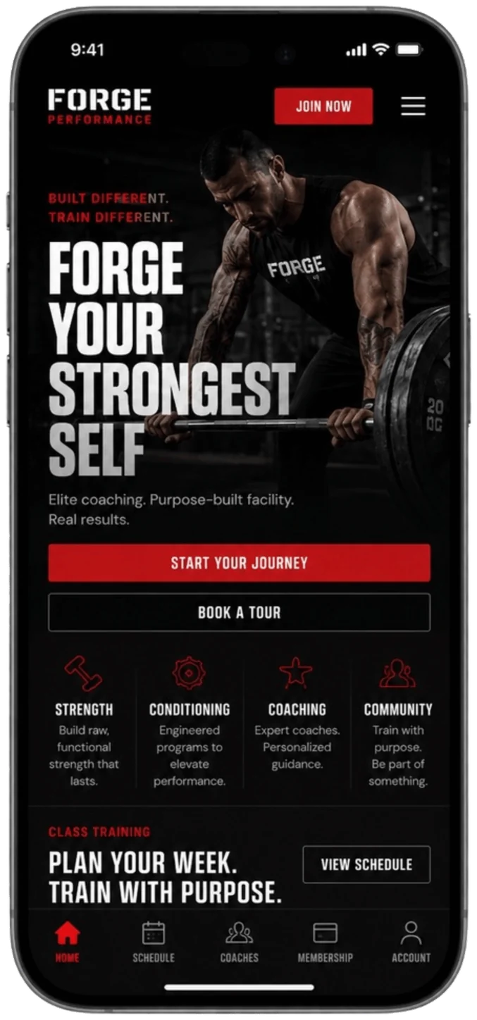 High-energy gym mobile website mockup