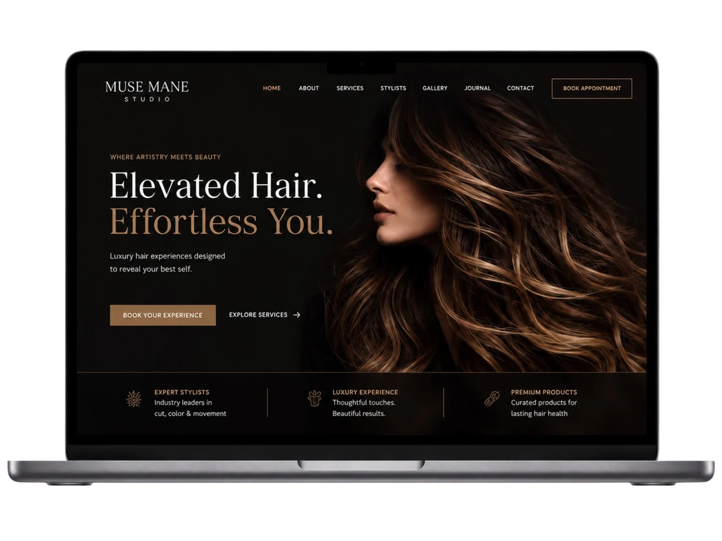Dark luxury hair salon website mockup showing a distinct visual direction