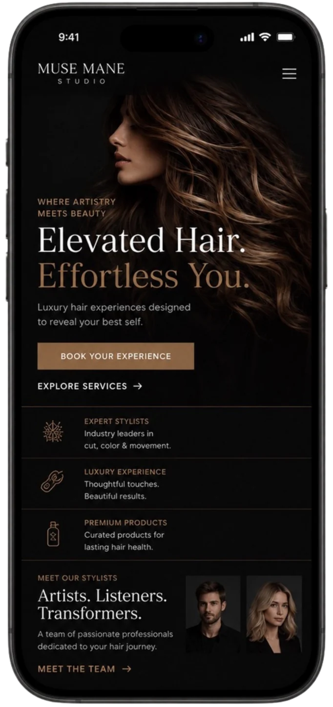 Luxury hair salon mobile website mockup