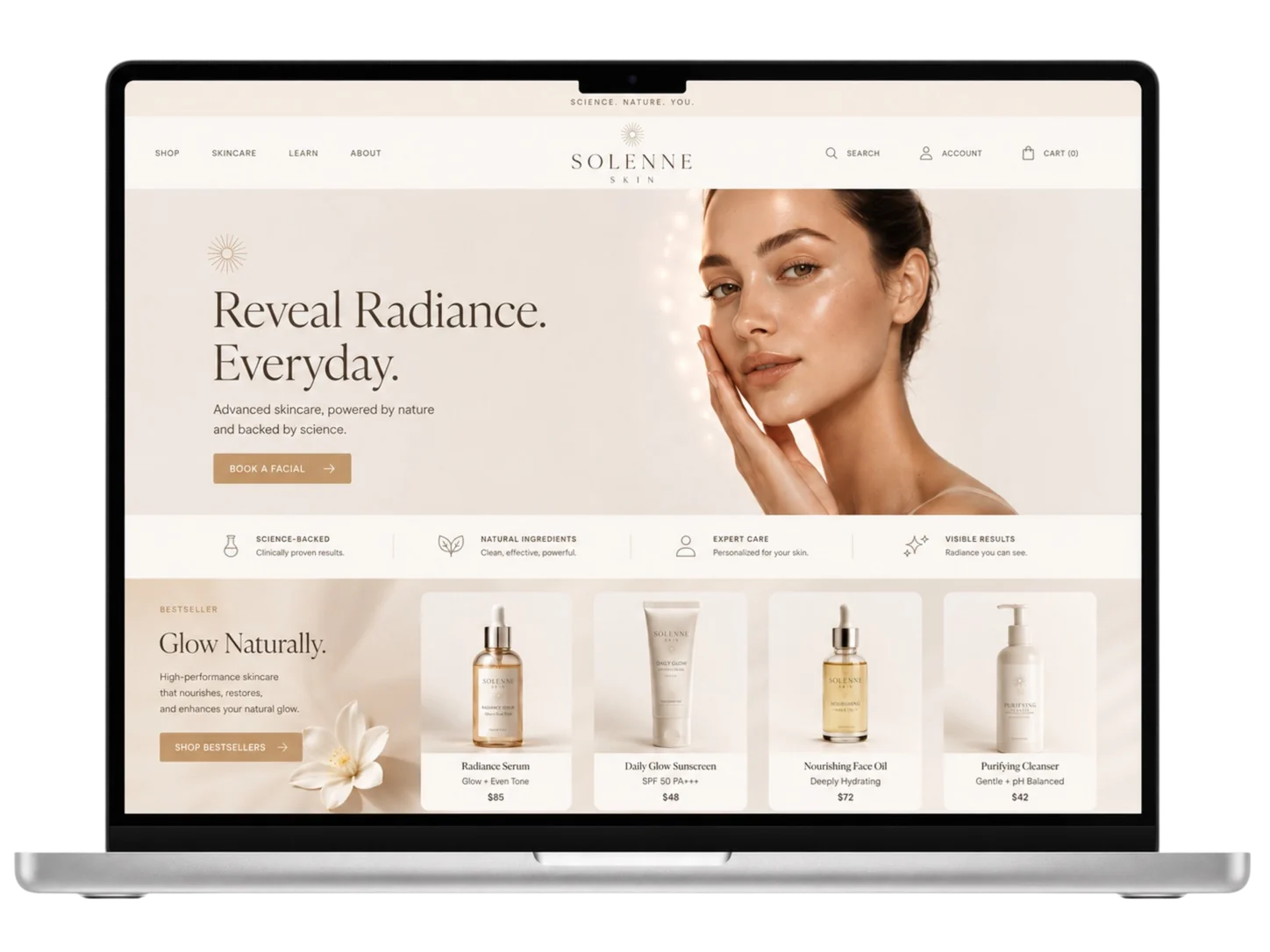 Skincare and wellness desktop website mockup