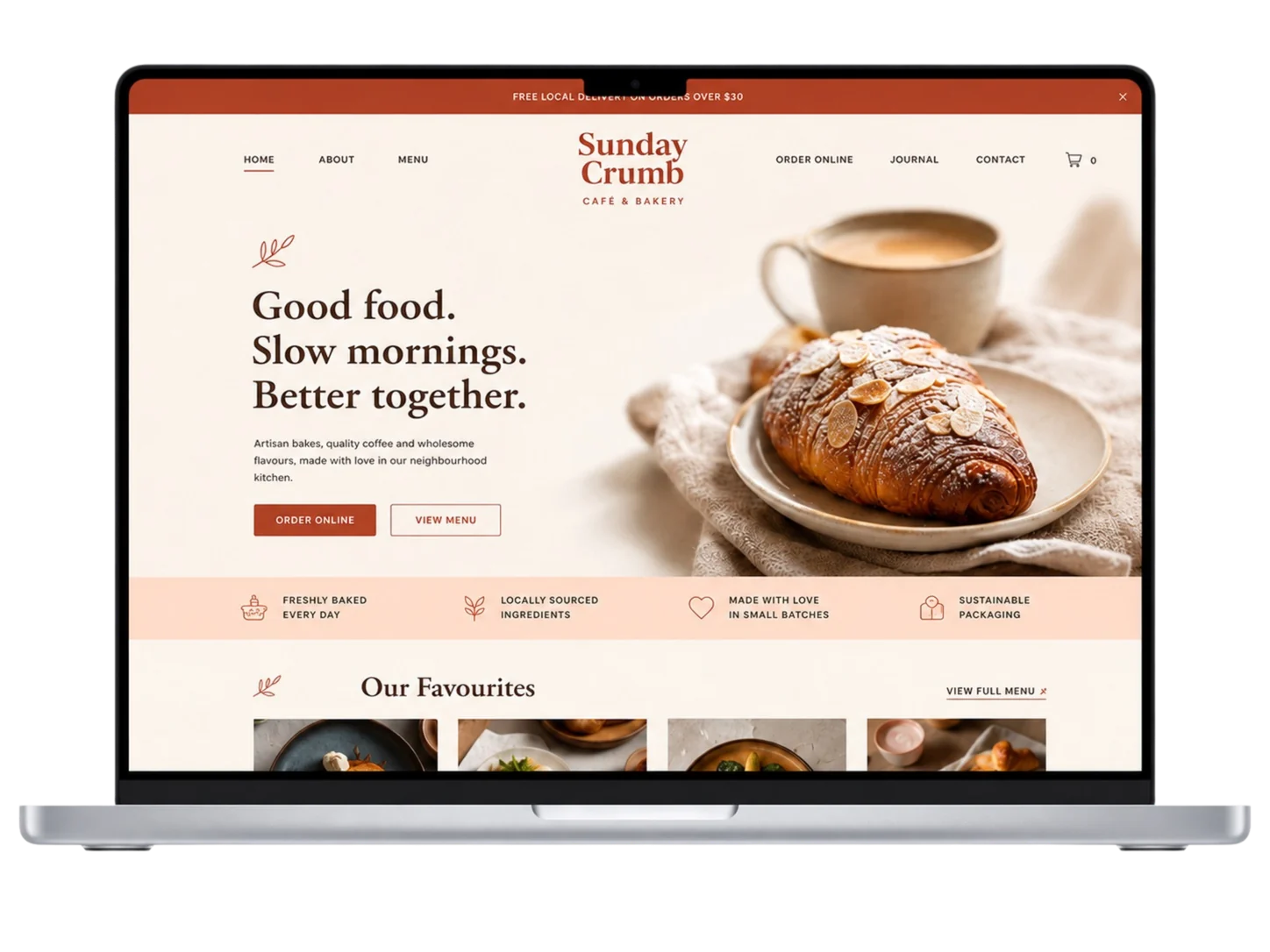 Warm bakery desktop website mockup